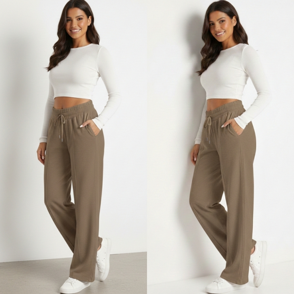Women's Brown Wide-Leg  Drawstring Pants